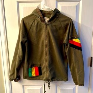 Upcycled Rasta jacket for women. Size Large. Zipped hoodie.